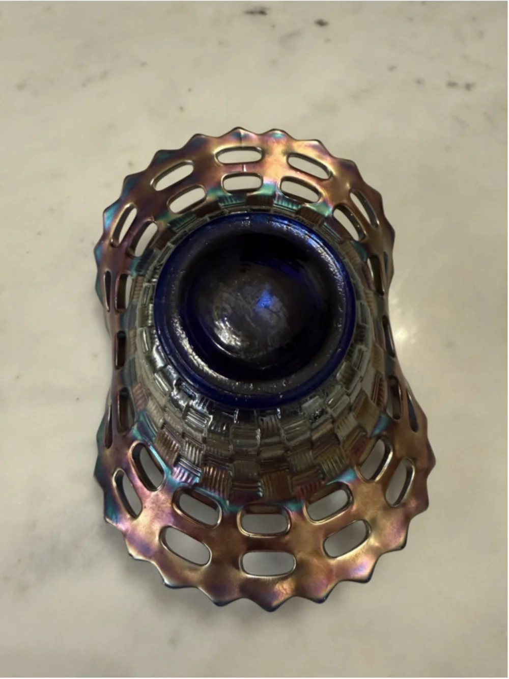 Fenton Cobalt Blue Carnival Glass Basketweave Open Edge Crimped Bowl Vintage